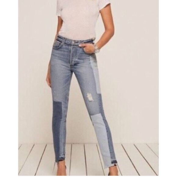 REFORMATION Patchwork Distressed Denim Torres Wash Skinny Jeans Patch 25 NWOT - Picture 1 of 9